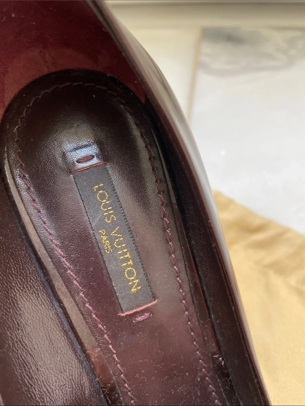 Louis Vuitton Brown Patent Peep-Toe Stiletto Heels with Gold Hardware